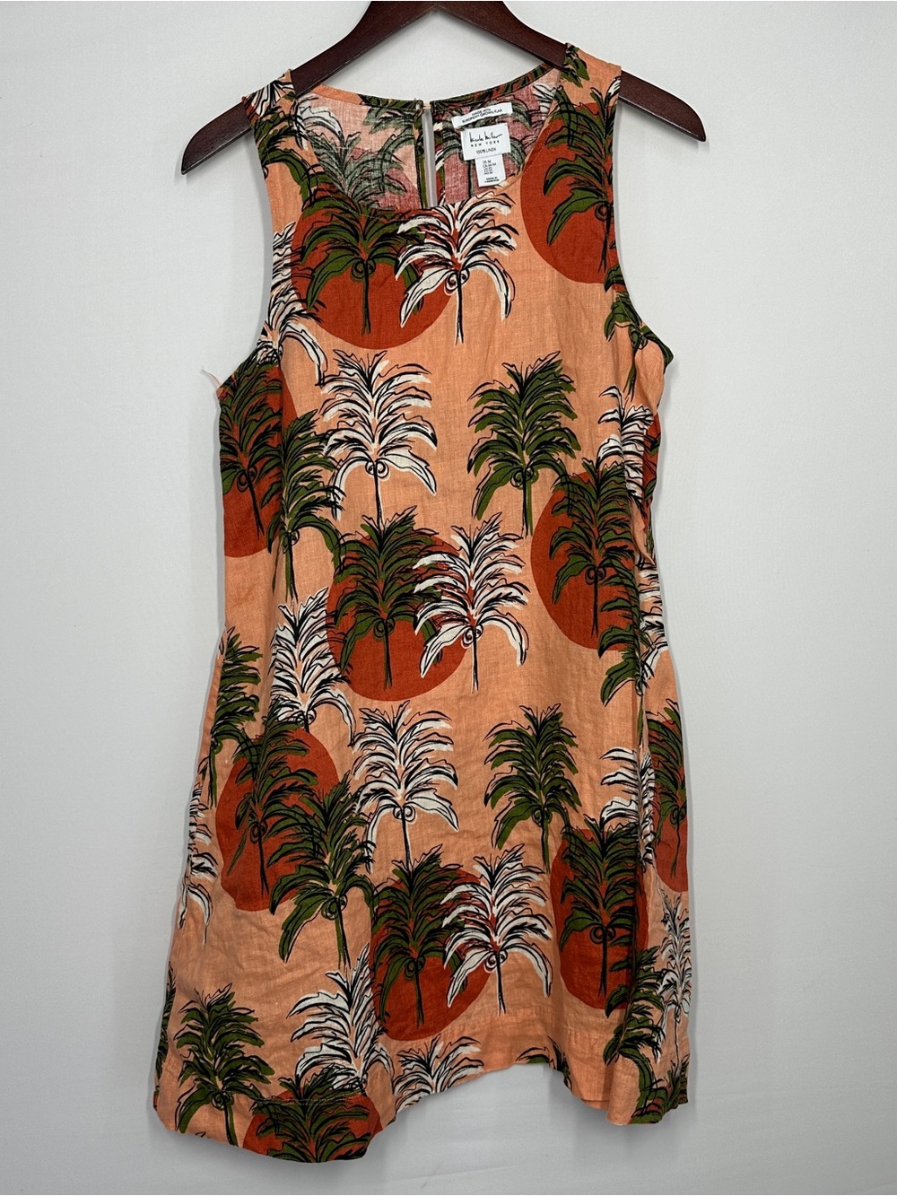 Nicole Miller sundress European flax linen coral tropical palm Tree medium Beach
